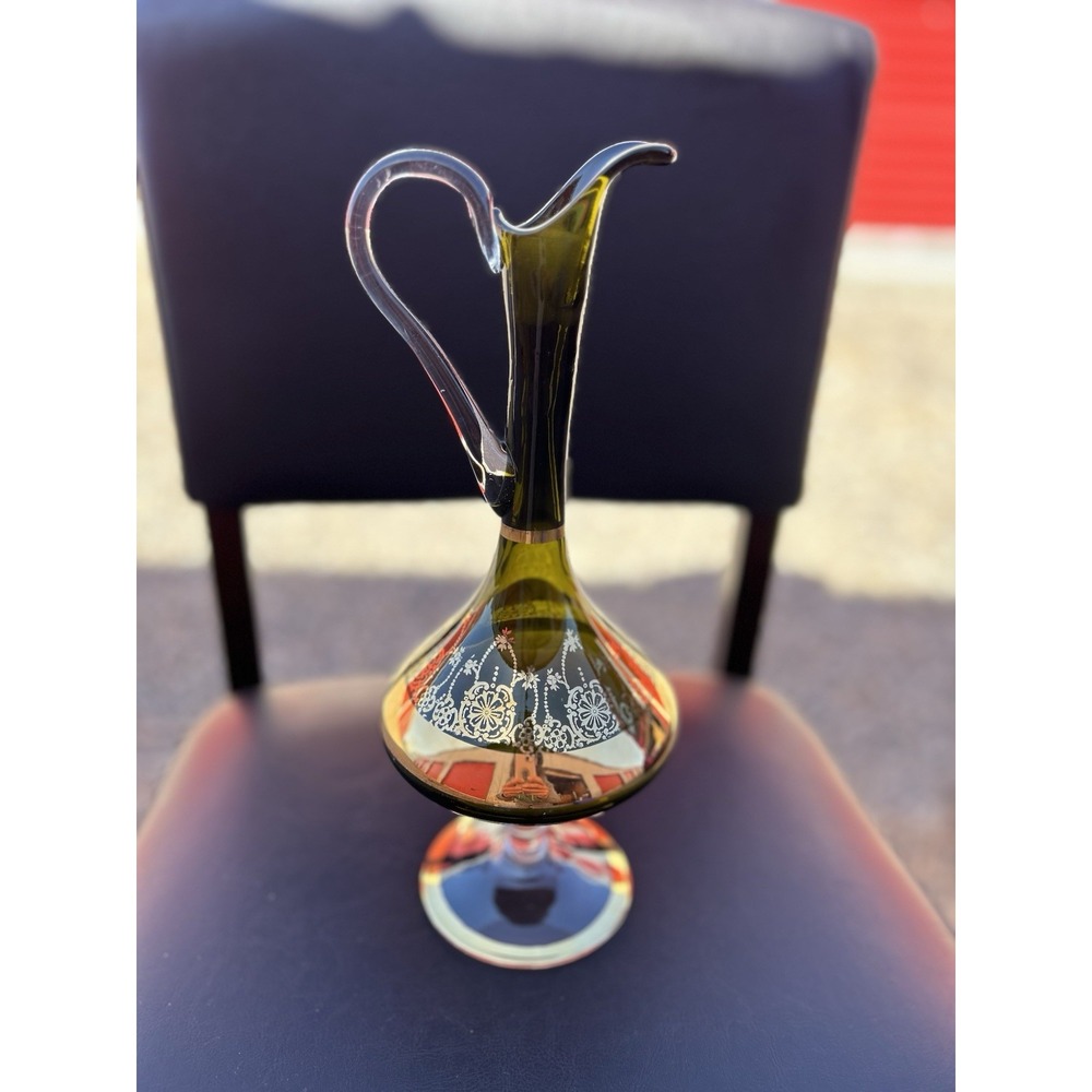 Vintage Hand Blown Art Glass Ewer Olive Green Gold Floral 12"